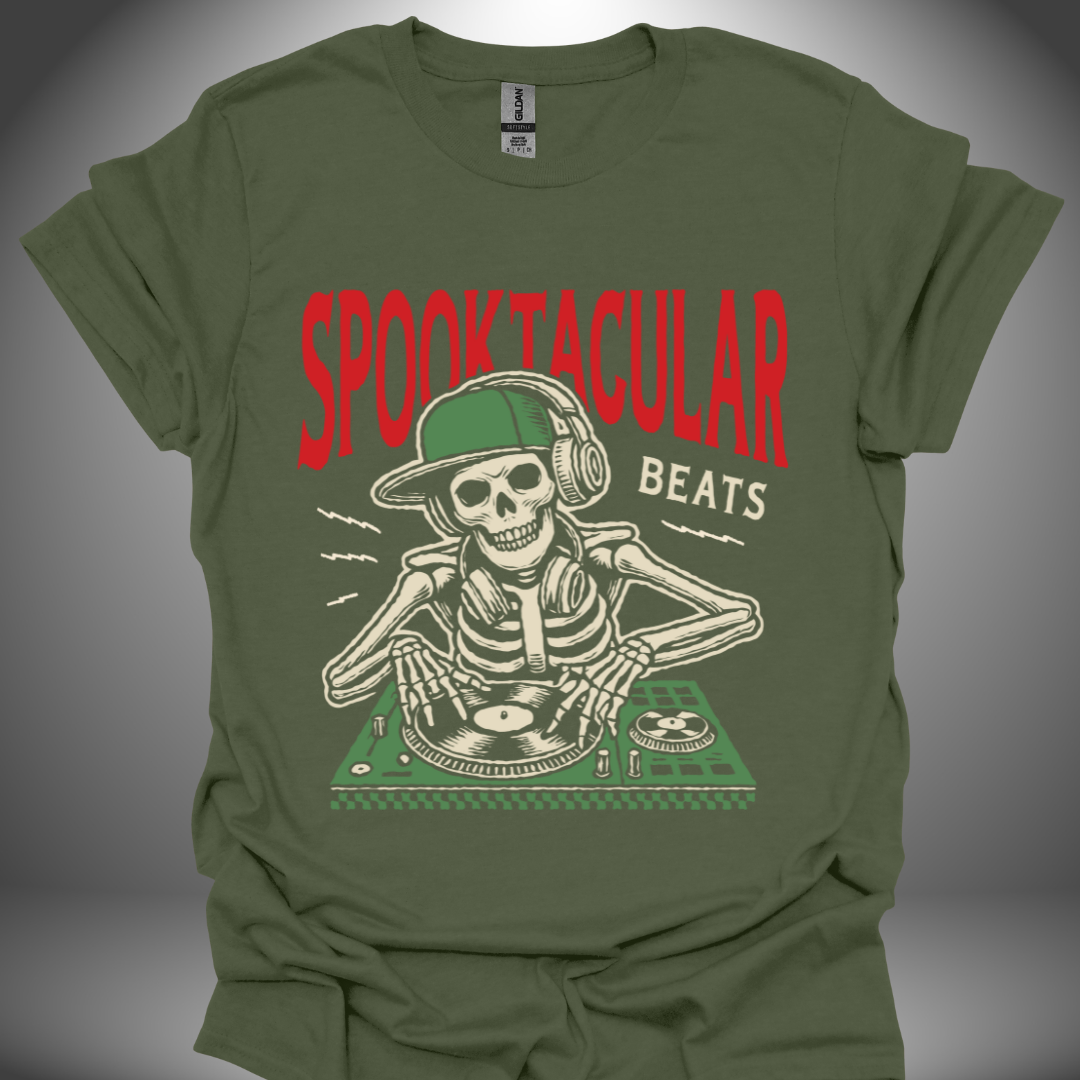 Halloween DJ T-shirt, 'Spooktacular Beats' design in military green, front view