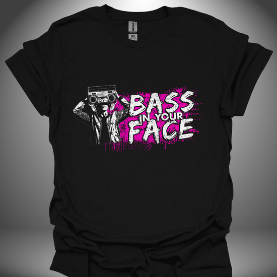 Unisex DJ T-shirt, 'Bass In Your Face' design in black, front view