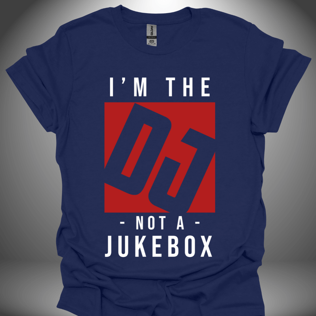 Funny DJ T-shirt, 'I’m Not A Jukebox' design in navy, front view