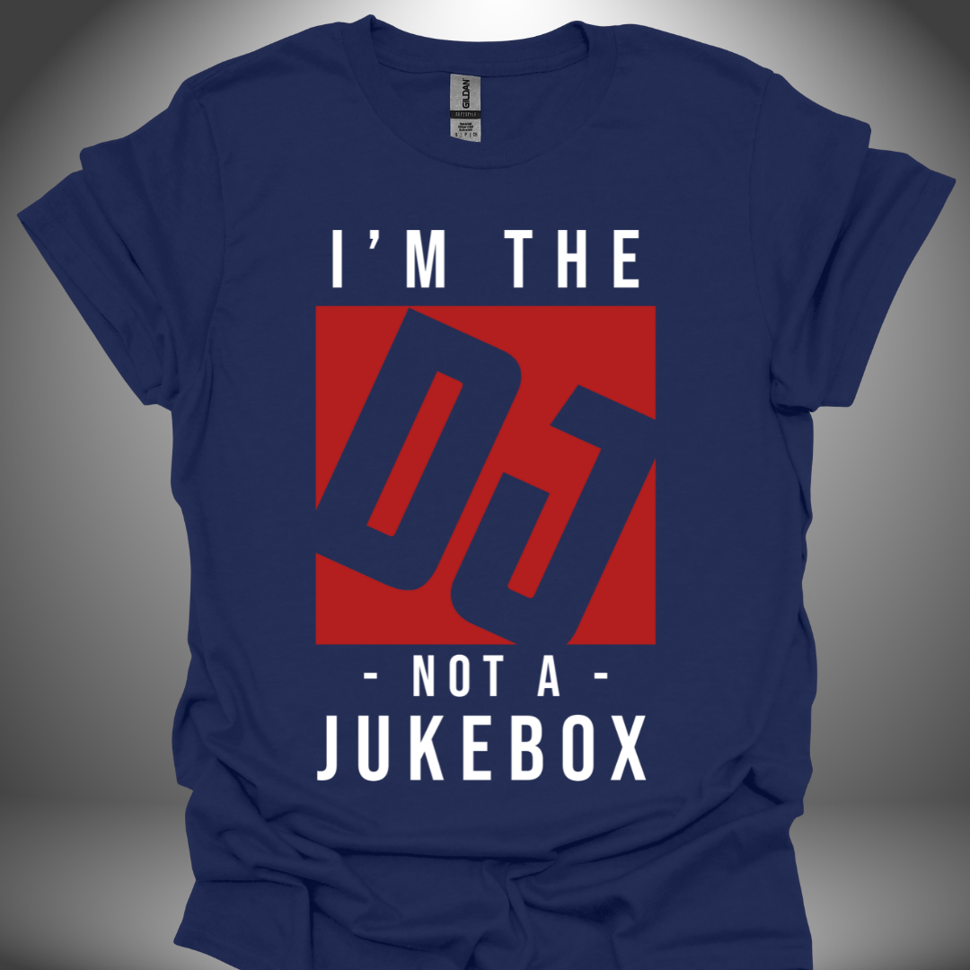 Unisex DJ T-shirt, 'I’m Not A Jukebox' design in navy, front view