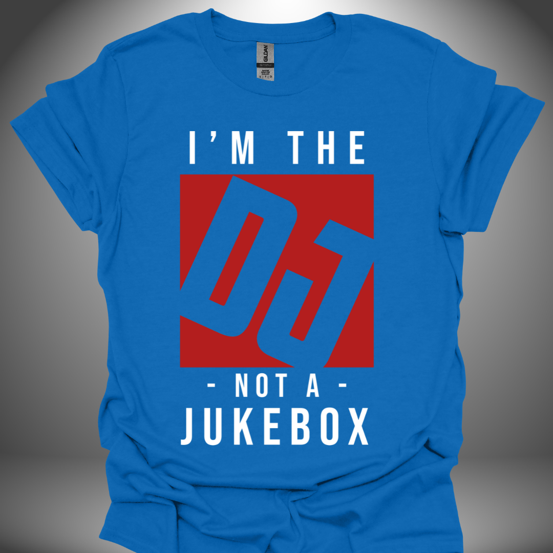 Unisex DJ T-shirt, 'I’m Not A Jukebox' design in royal blue, front view