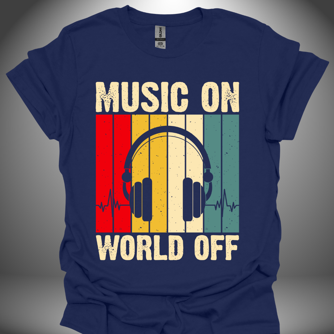 Unisex DJ T-shirt, 'Music On World Off' design in navy, front view