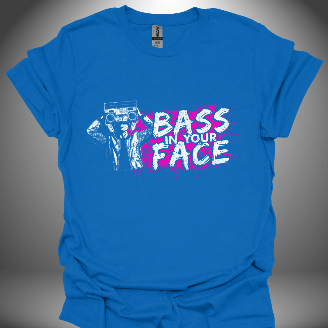 Unisex DJ T-shirt, 'Bass In Your Face' design in royal blue, front view