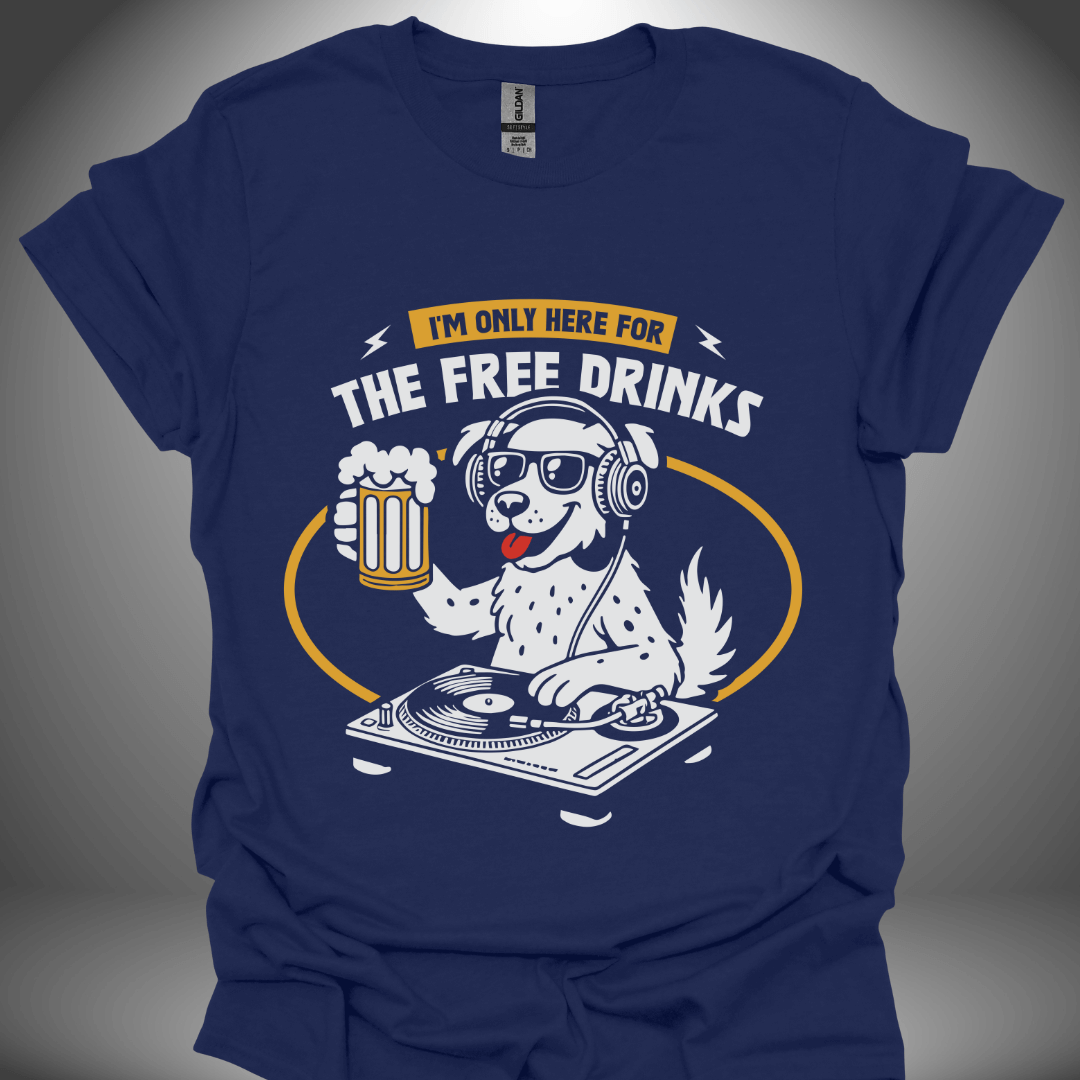 Funny DJ T-shirt, 'The Thirsty DJ' design in navy, front view