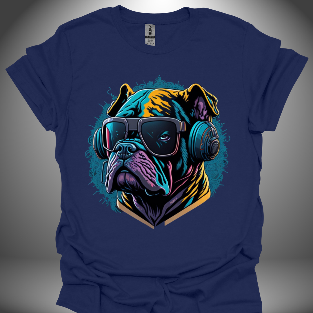 Unisex DJ T-shirt, 'Spin Master Pup' design in navy, front view