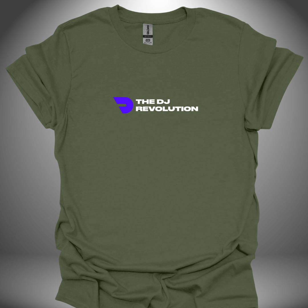 Unisex DJ T-shirt, 'The DJ Revolution' design in military green, front view