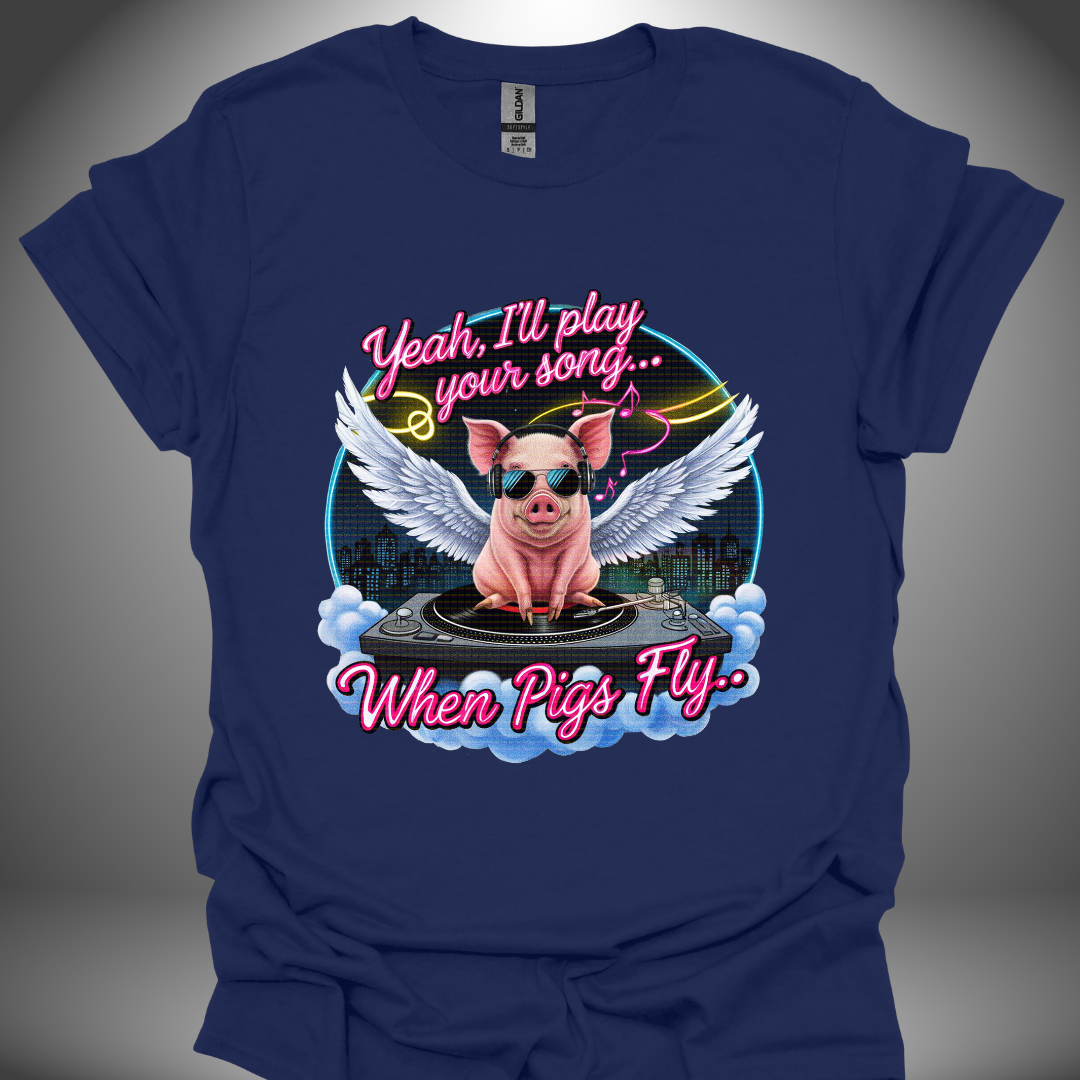 Funny DJ T-shirt, 'Pigs Fly' design in navy, front view