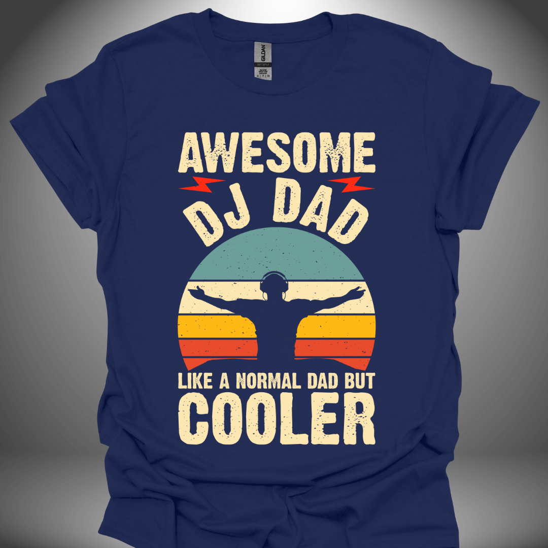 Unisex DJ T-shirt, 'Awesome DJ Dad' design in navy, front view