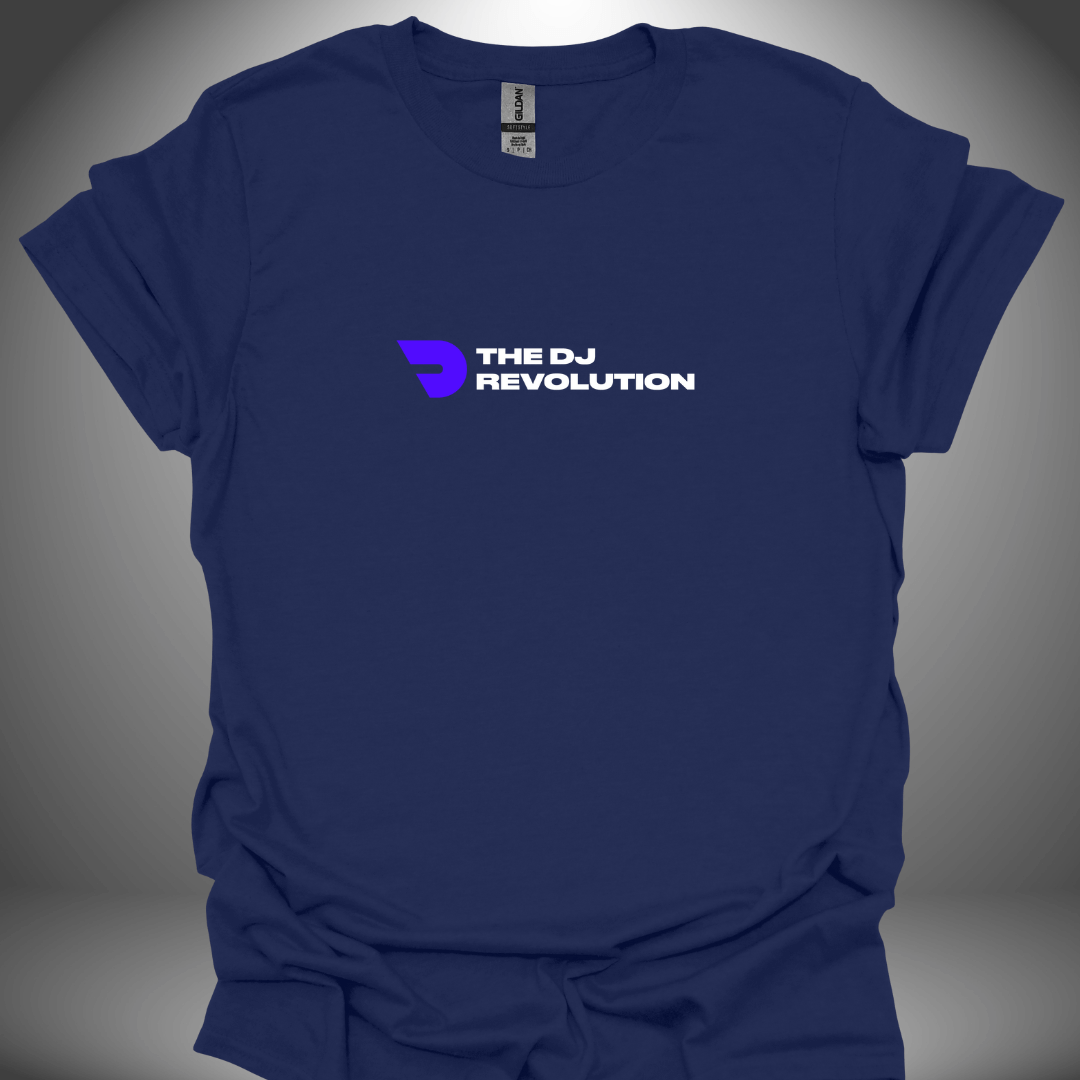 Unisex DJ T-shirt, 'The DJ Revolution' design in navy, front view