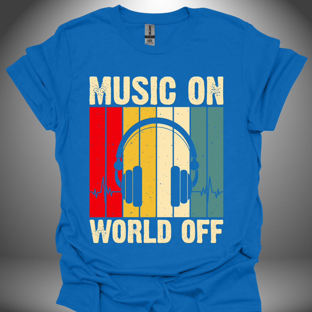 Unisex DJ T-shirt, 'Music On World Off' design in royal blue, front view