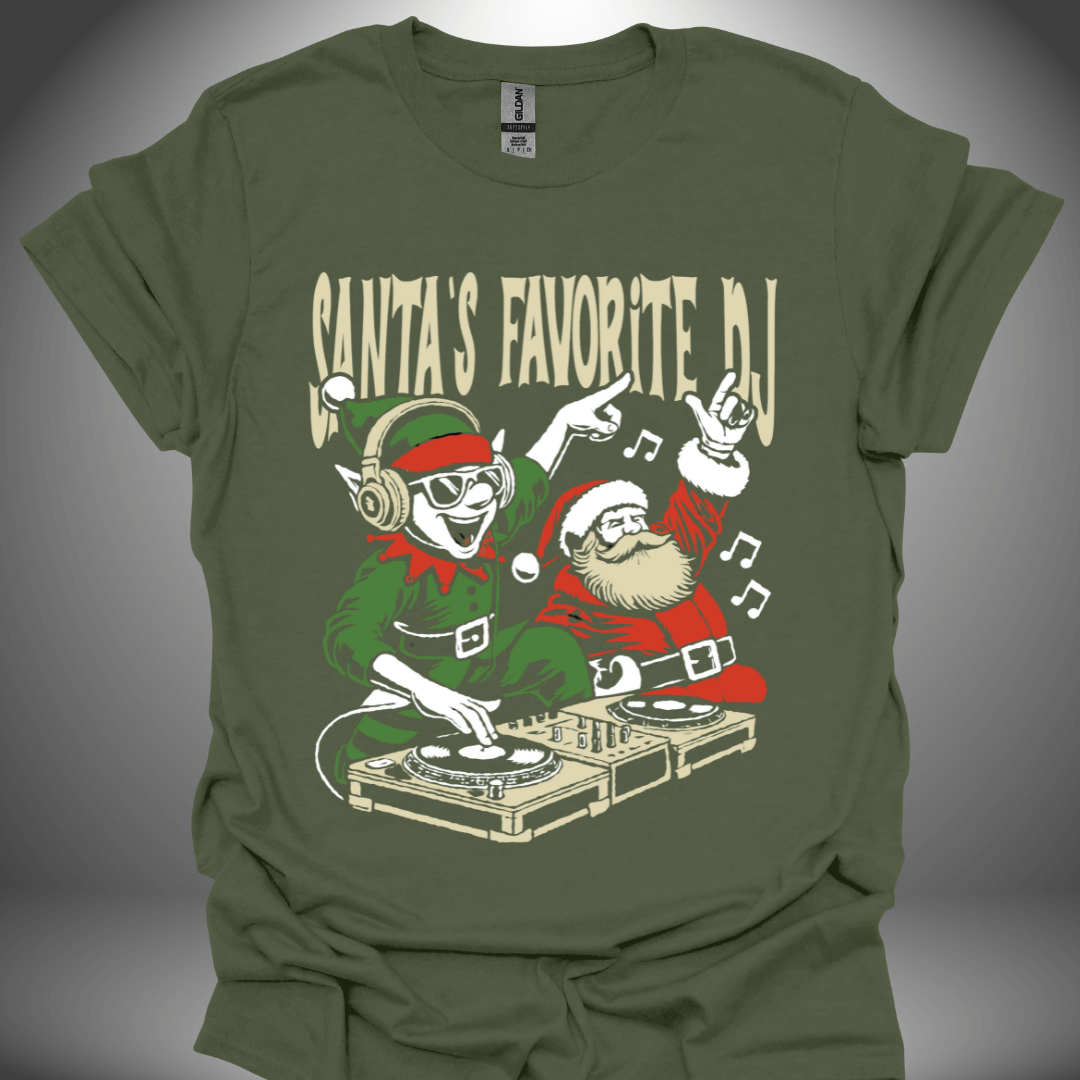 Christmas DJ T-shirt, 'Santa’s Favourite DJ' design in military green, front view