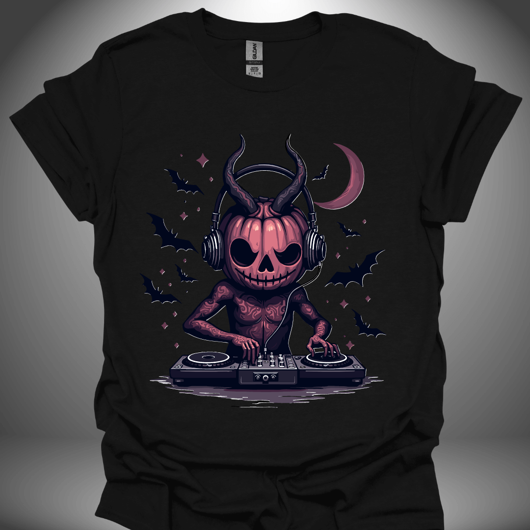 Halloween DJ T-shirt, 'Gothic Pumpkin' design in black, front view