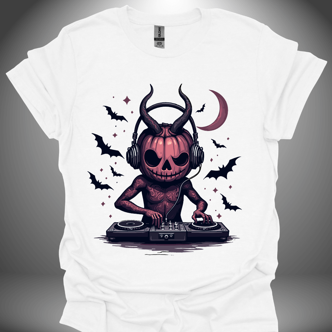 Halloween DJ T-shirt, 'Gothic Pumpkin' design in white, front view