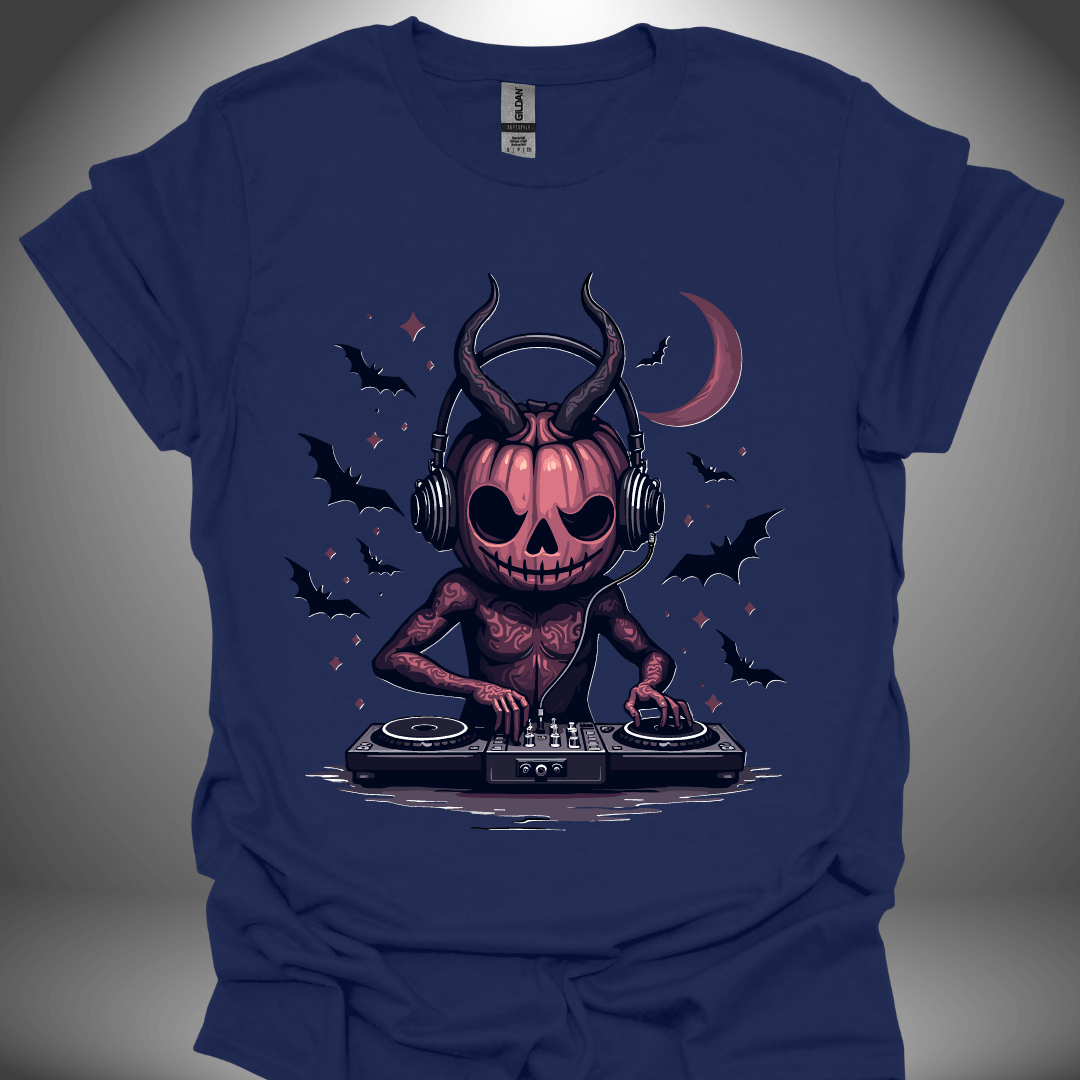 Halloween DJ T-shirt, 'Gothic Pumpkin' design in navy, front view