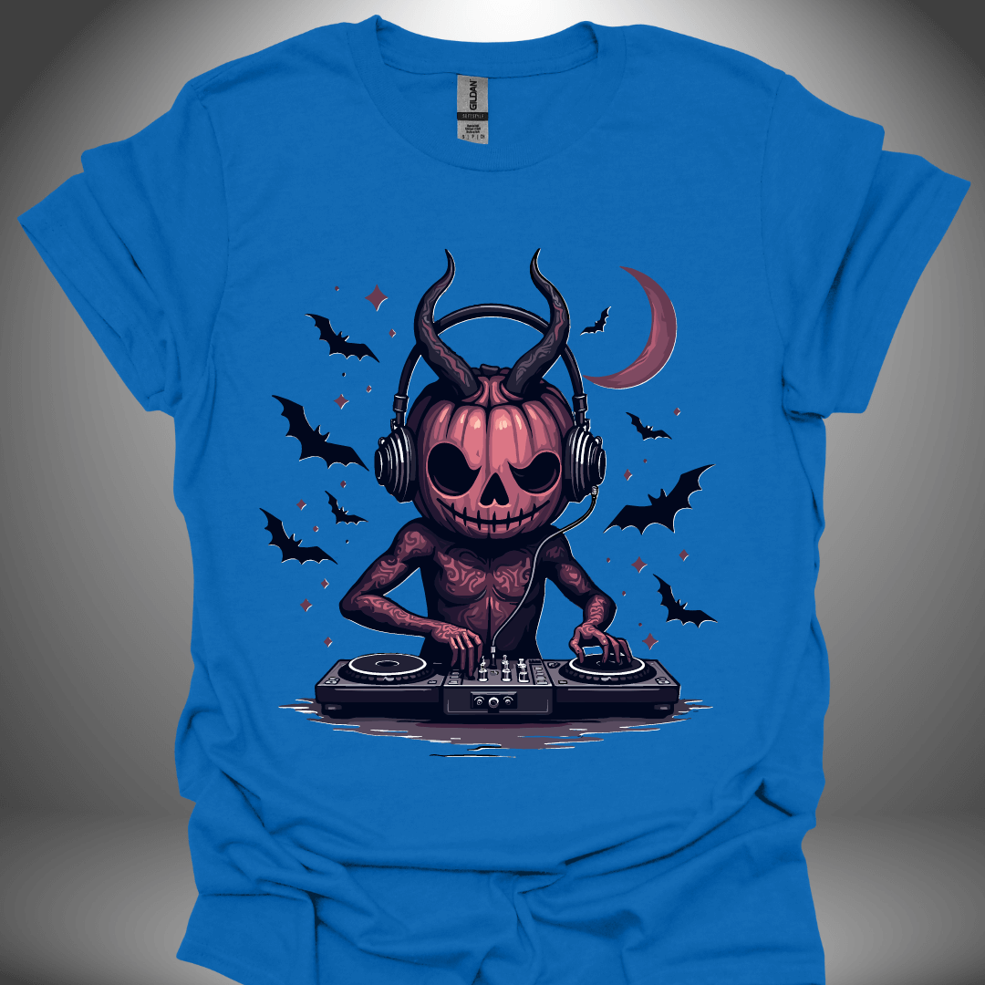 Halloween DJ T-shirt, 'Gothic Pumpkin' design in royal blue, front view