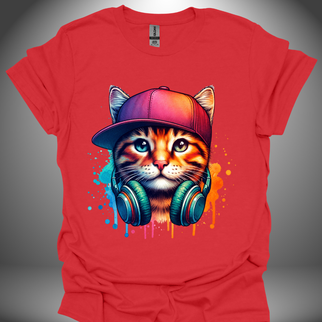 Unisex DJ T-shirt, 'DJ Cool Cat' design in red, front view