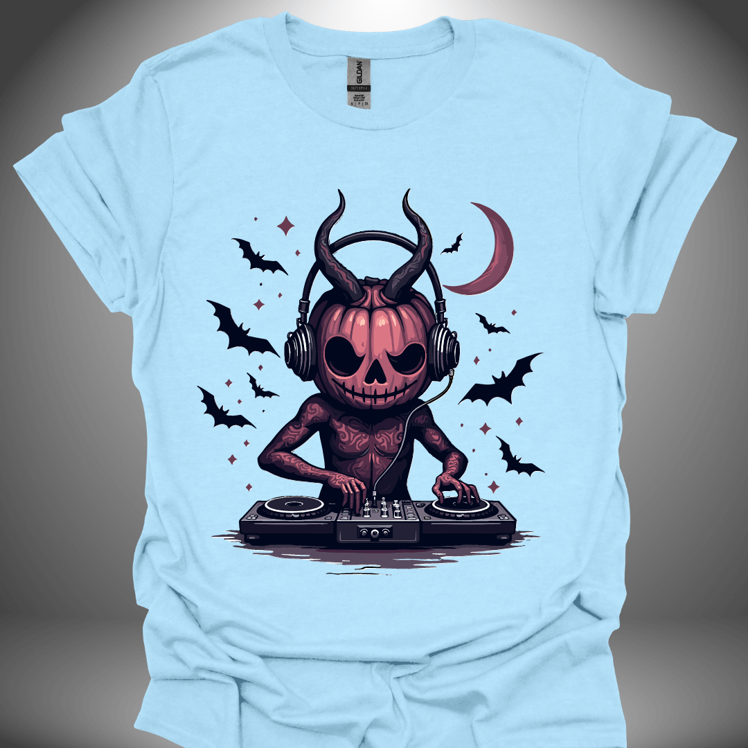 Halloween DJ T-shirt, 'Gothic Pumpkin' design in light blue, front view