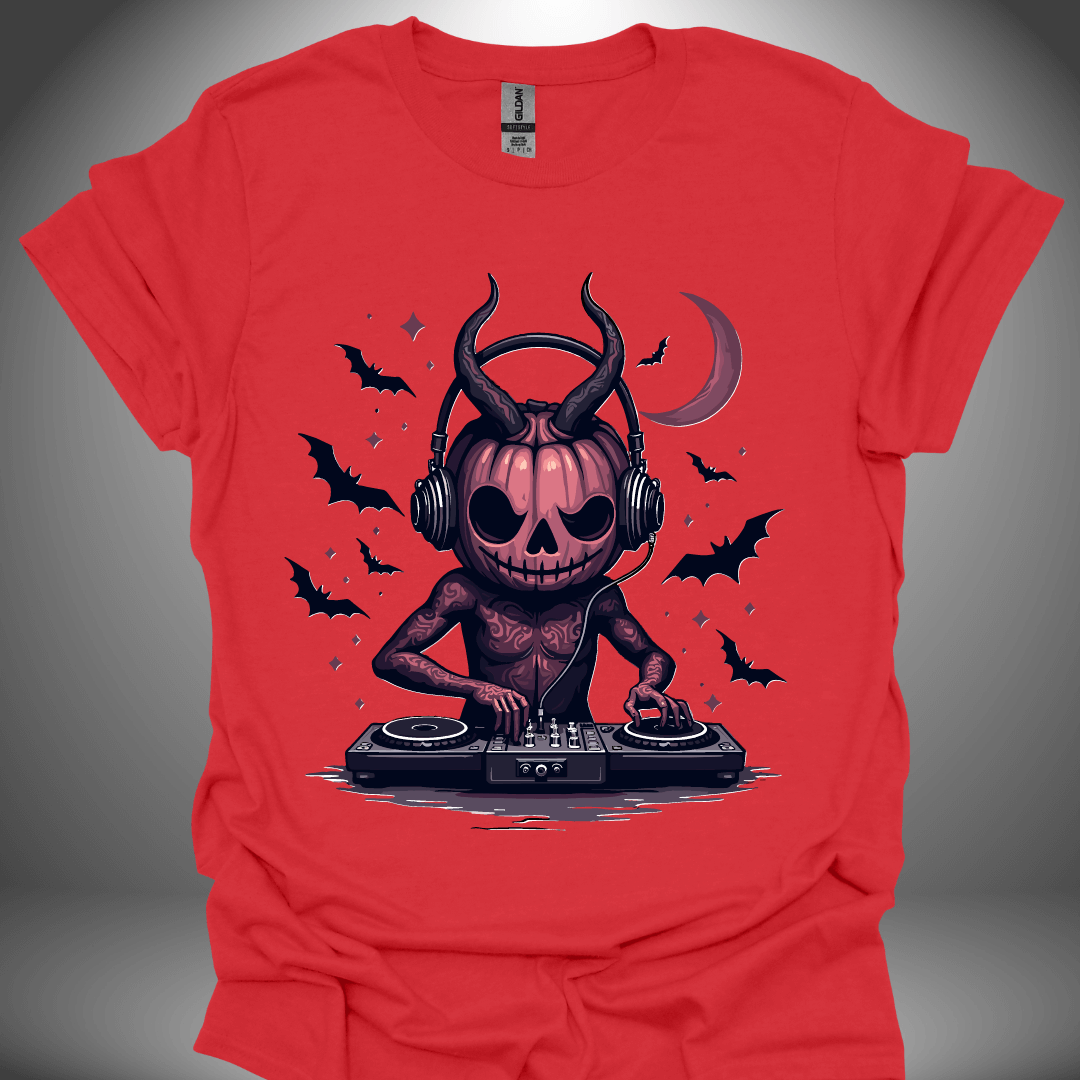 Halloween DJ T-shirt, 'Gothic Pumpkin' design in red, front view