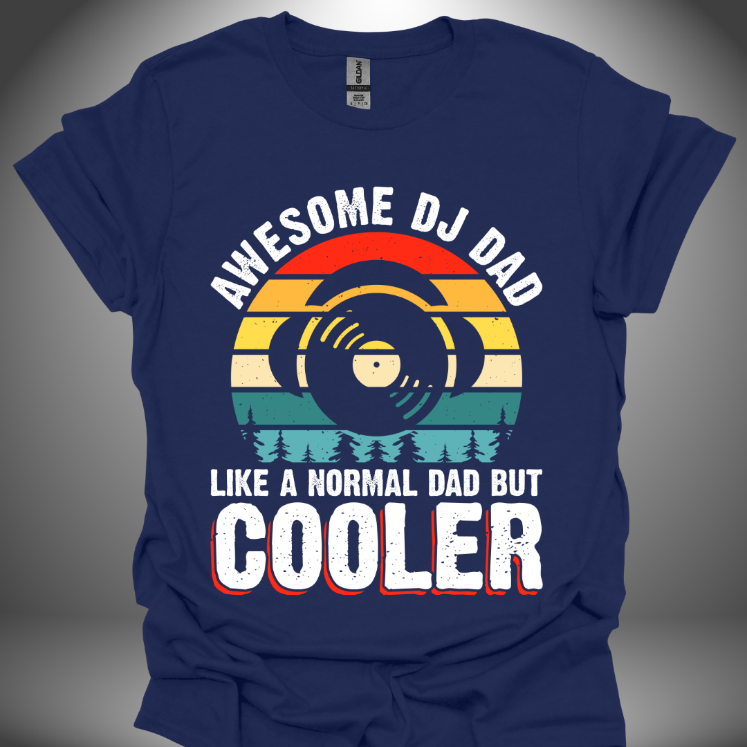 Unisex DJ T-shirt, 'Awesome DJ Dad' design in navy, front view