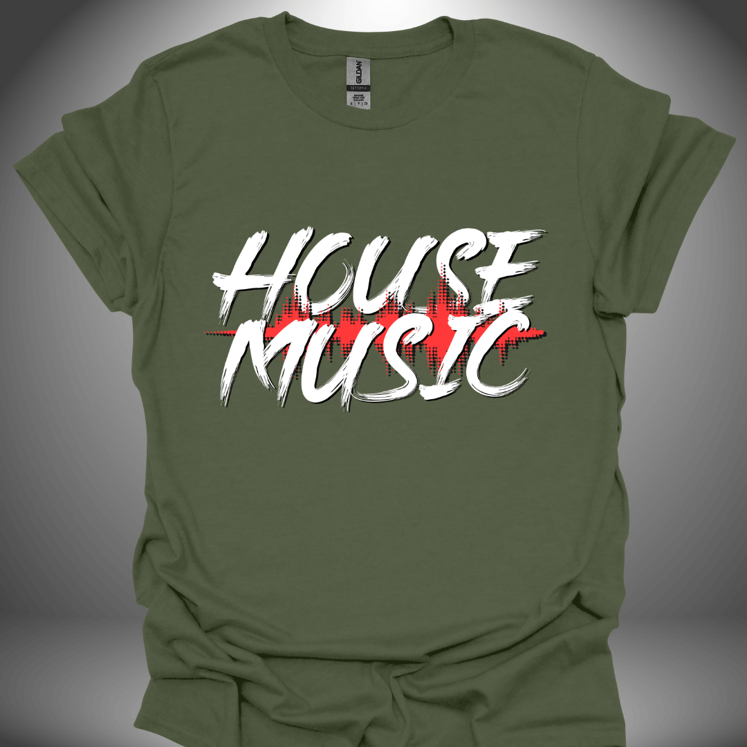 Unisex house music T-shirt, 'House Music' design in military green, front view