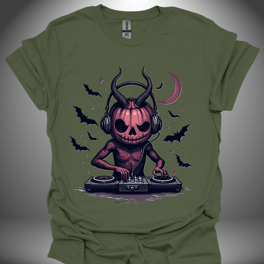 Halloween DJ T-shirt, 'Gothic Pumpkin' design in military green, front view