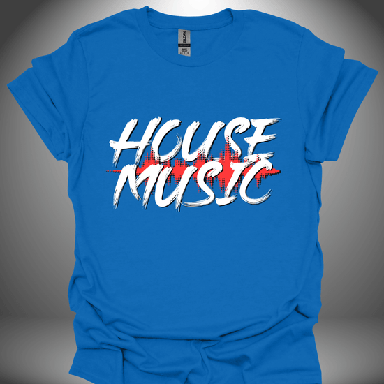 Unisex house music T-shirt, 'House Music' design in royal blue, front view