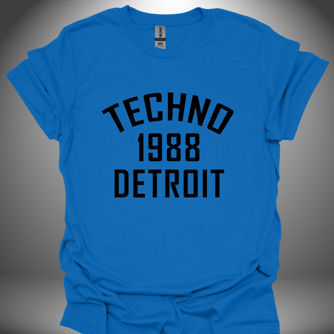 Detroit techno T-shirt, 'Detroit Techno 1988' design in royal blue, front view