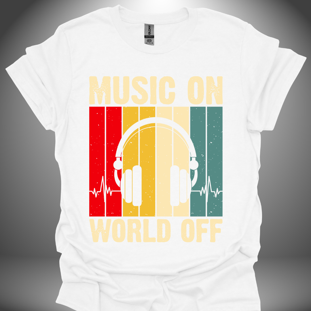 Unisex DJ T-shirt, 'Music On World Off' design in white, front view