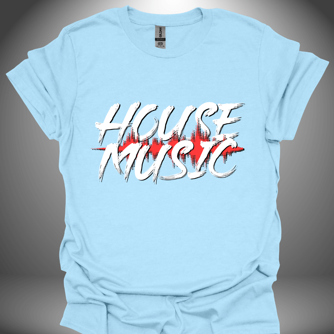 Unisex house music T-shirt, 'House Music' design in light blue, front view