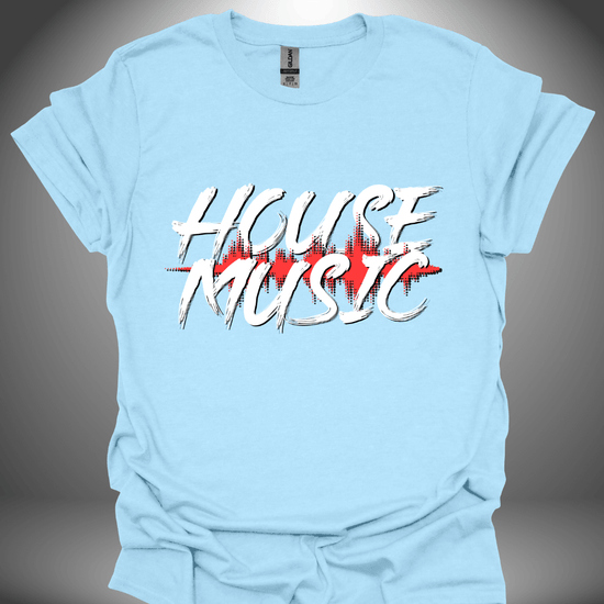 Unisex house music T-shirt, 'House Music' design in light blue, front view