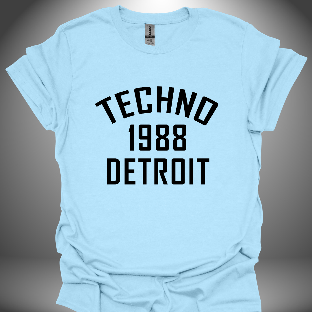 Detroit techno T-shirt, 'Detroit Techno 1988' design in light blue, front view