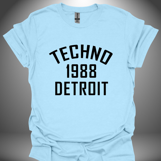 Detroit techno T-shirt, 'Detroit Techno 1988' design in light blue, front view