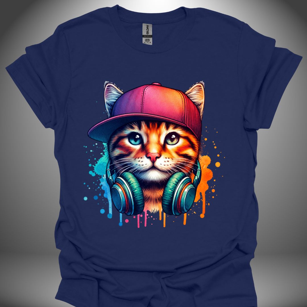 Unisex DJ T-shirt, 'DJ Cool Cat' design in navy, front view