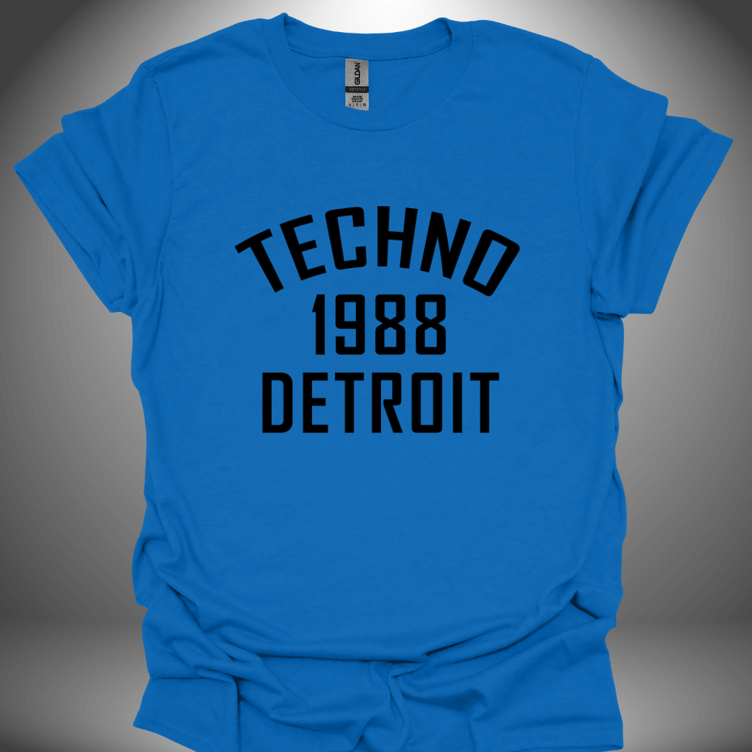 Unisex Techno T-shirt '1988 Detroit' design in royal blue, front view