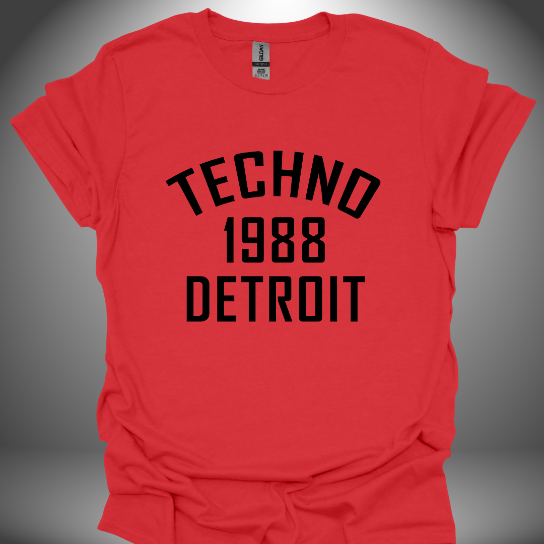 Detroit techno T-shirt, 'Detroit Techno 1988' design in red, front view