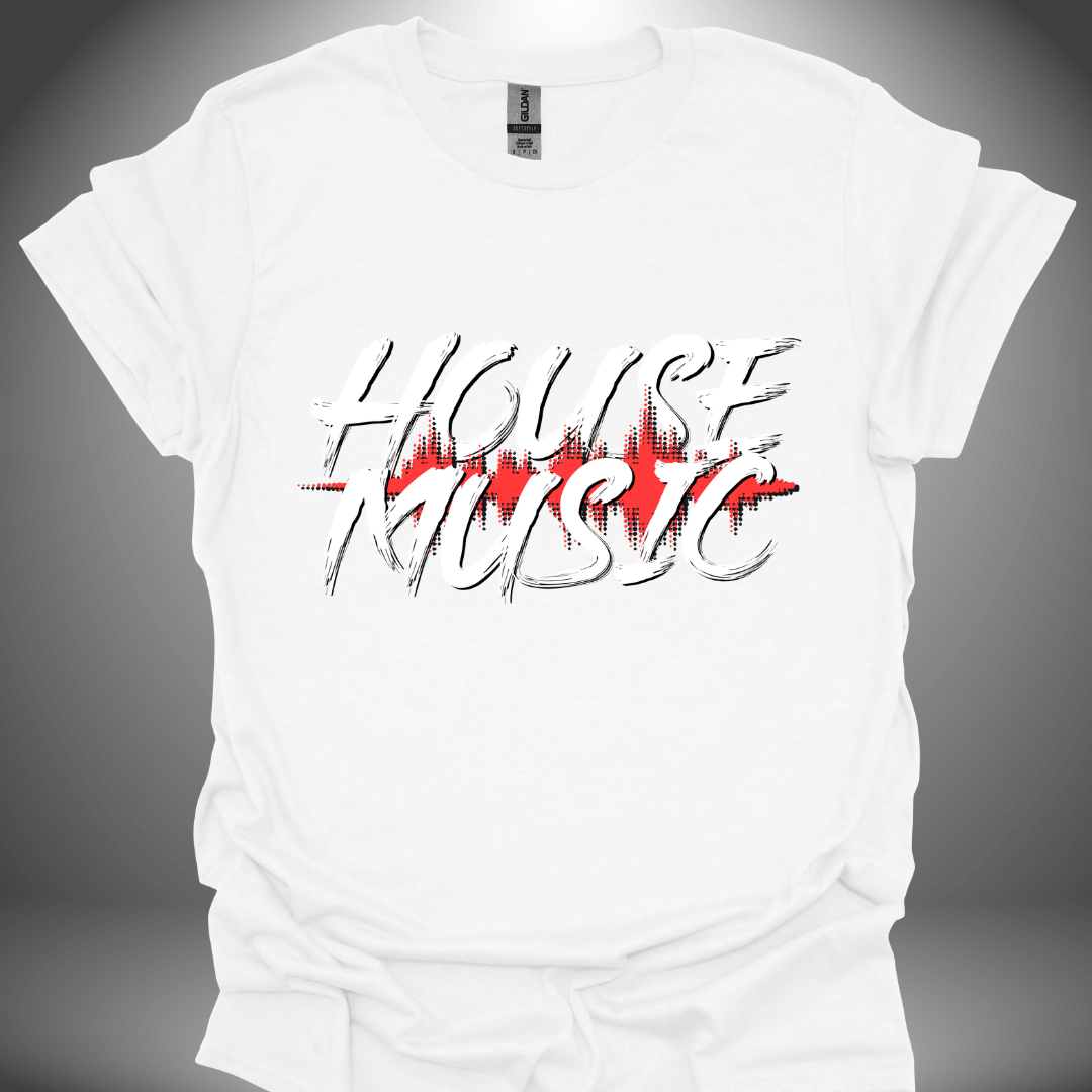 Unisex house music T-shirt, 'House Music' design in white, front view