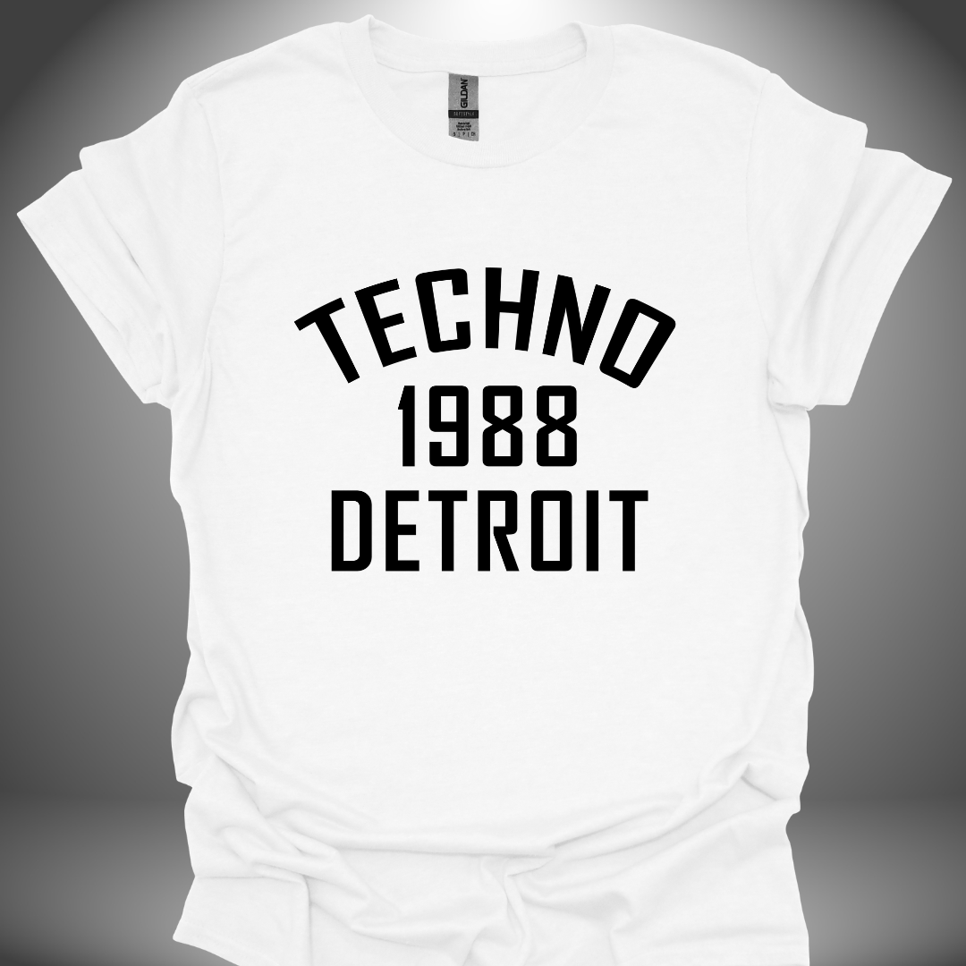 Detroit techno T-shirt, 'Detroit Techno 1988' design in white, front view