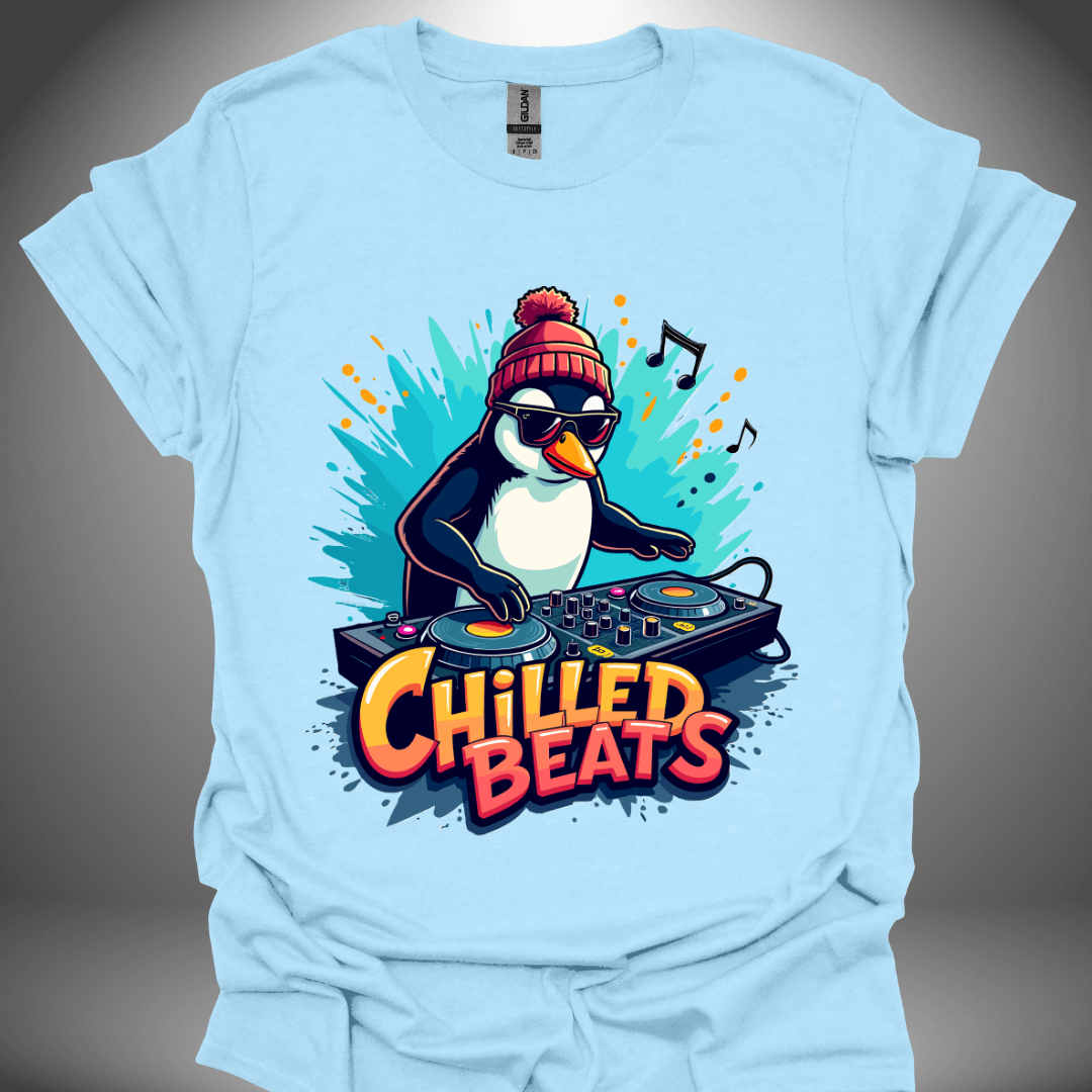 Christmas DJ T-shirt, 'Chilled Beats' design in light blue, front view