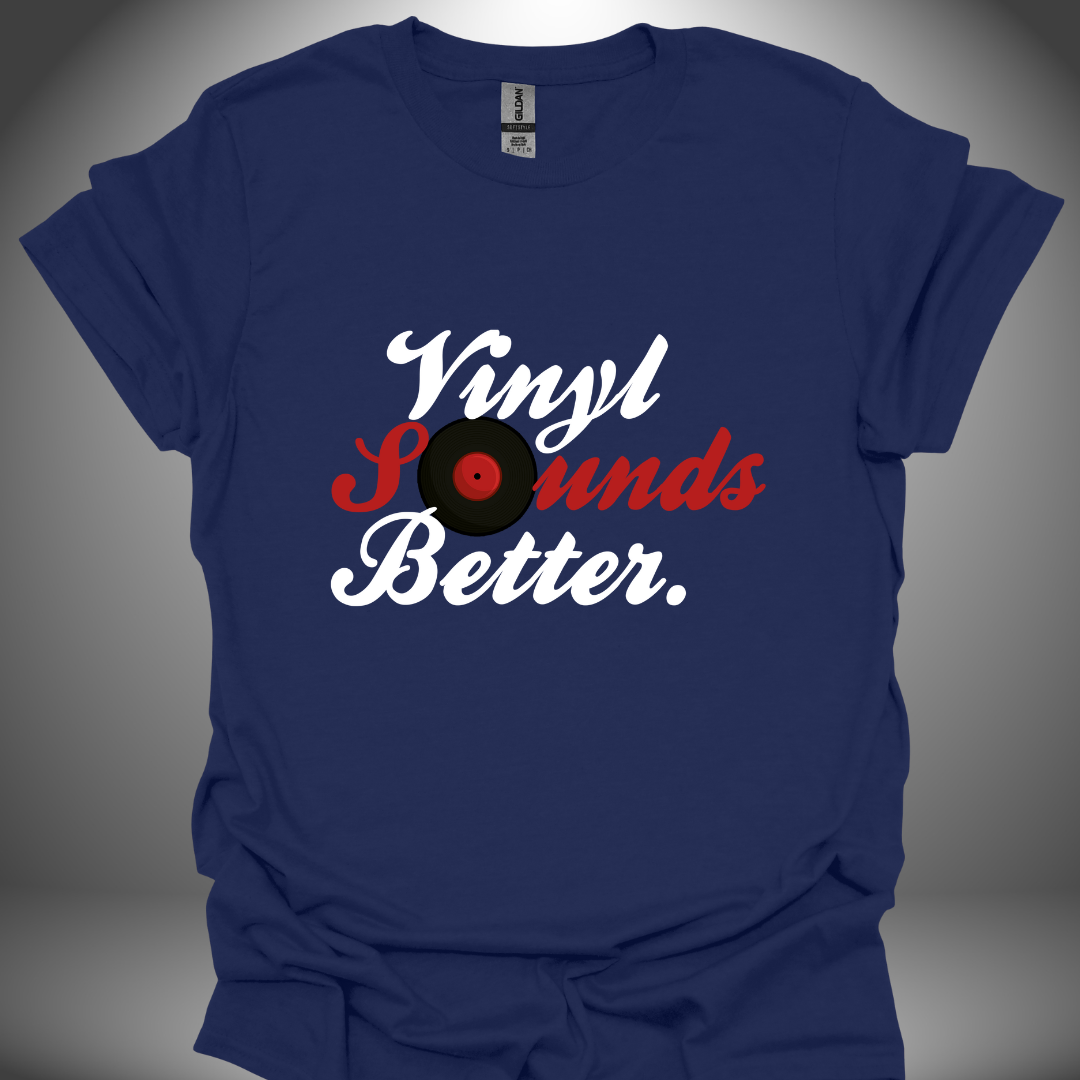 Vinyl enthusiast DJ T-shirt, 'Vinyl Sounds Better' design in navy, front view