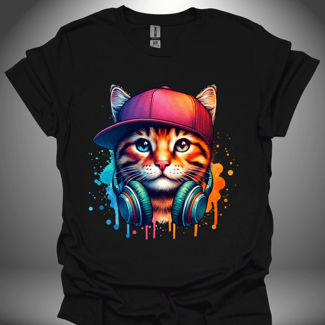 Unisex DJ T-shirt, 'DJ Cool Cat' design in black, front view