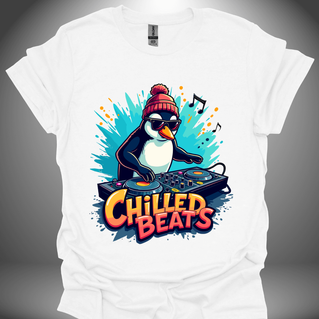 Christmas DJ T-shirt, 'Chilled Beats' design in white, front view