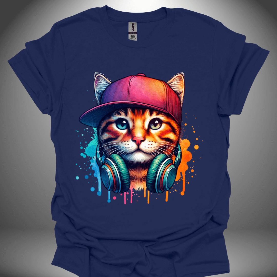 Unisex DJ T-shirt, 'DJ Cool Cat' design in navy, front view