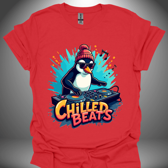 Christmas DJ T-shirt, 'Chilled Beats' design in red, front view