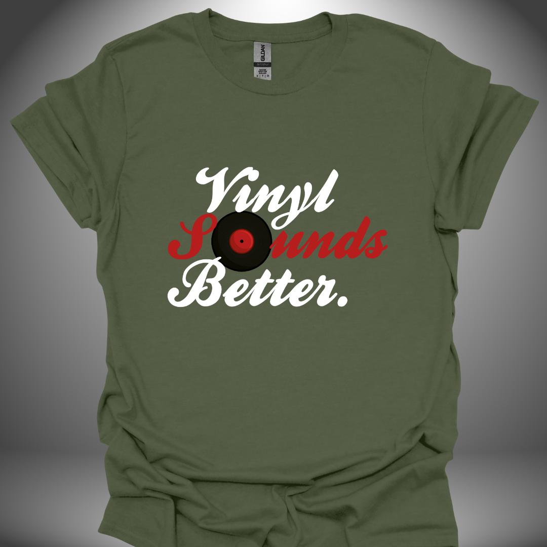 Vinyl enthusiast DJ T-shirt, 'Vinyl Sounds Better' design in military green, front view