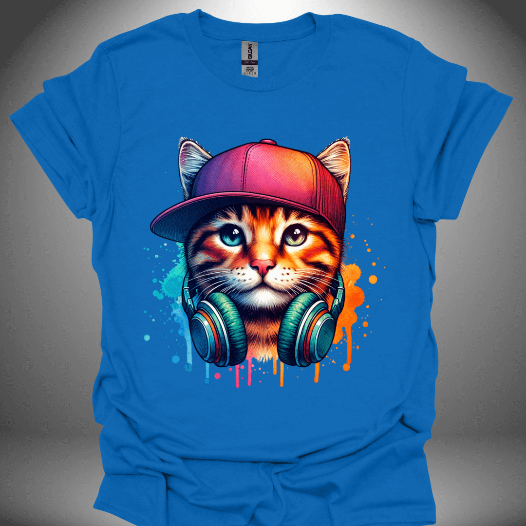 Unisex DJ T-shirt, 'DJ Cool Cat' design in royal blue, front view