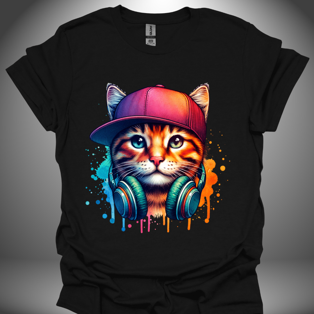 Unisex DJ T-shirt, 'DJ Cool Cat' design in black, front view