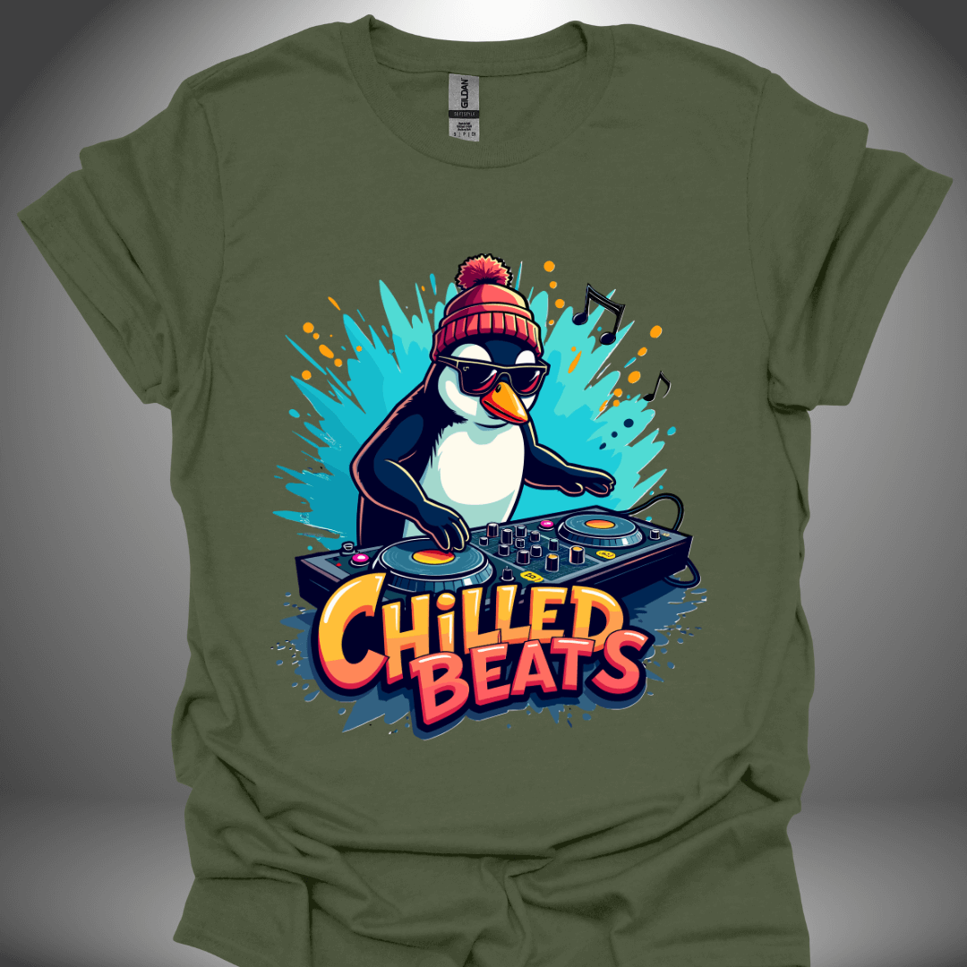 Christmas DJ T-shirt, 'Chilled Beats' design in military green, front view