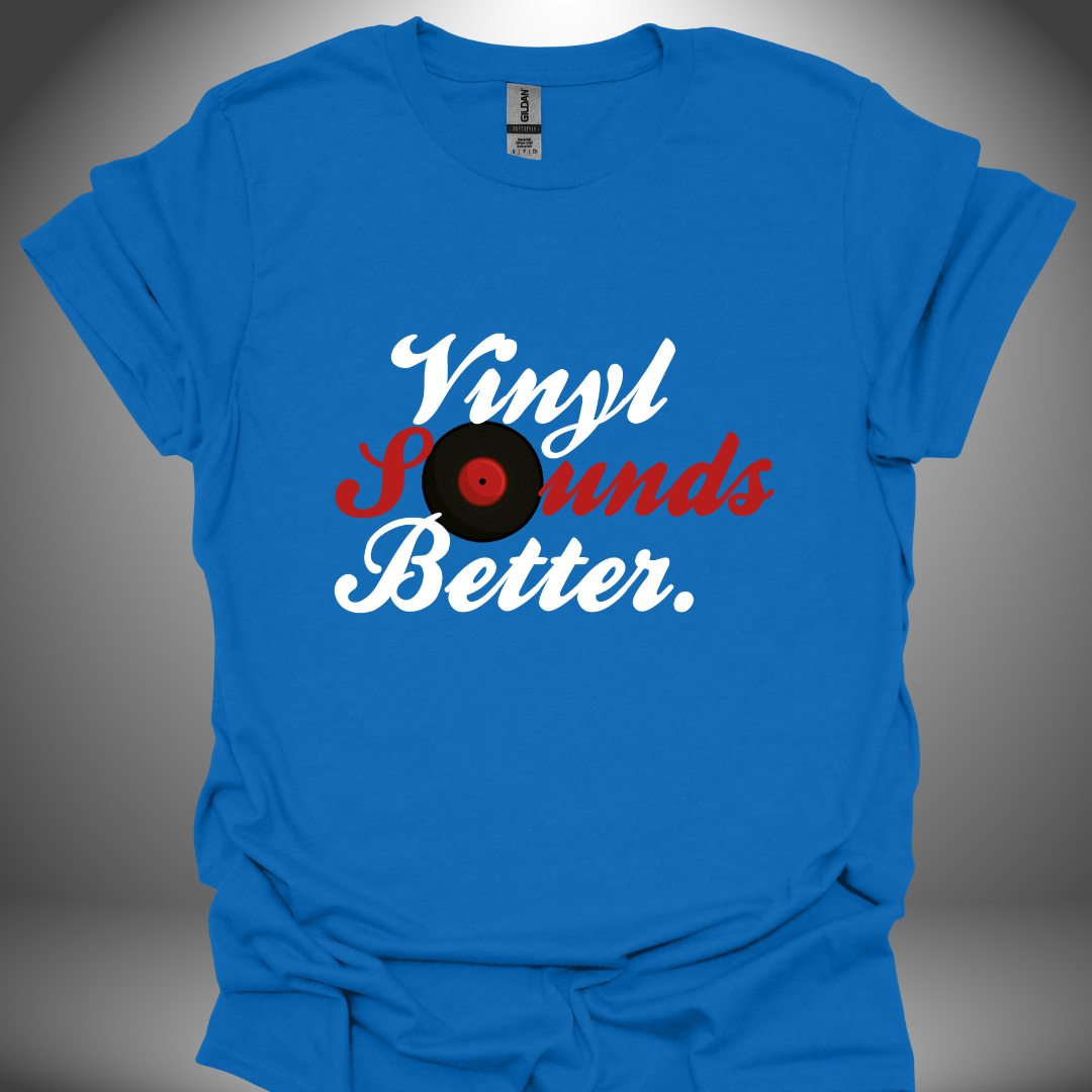 Vinyl enthusiast DJ T-shirt, 'Vinyl Sounds Better' design in royal blue, front view