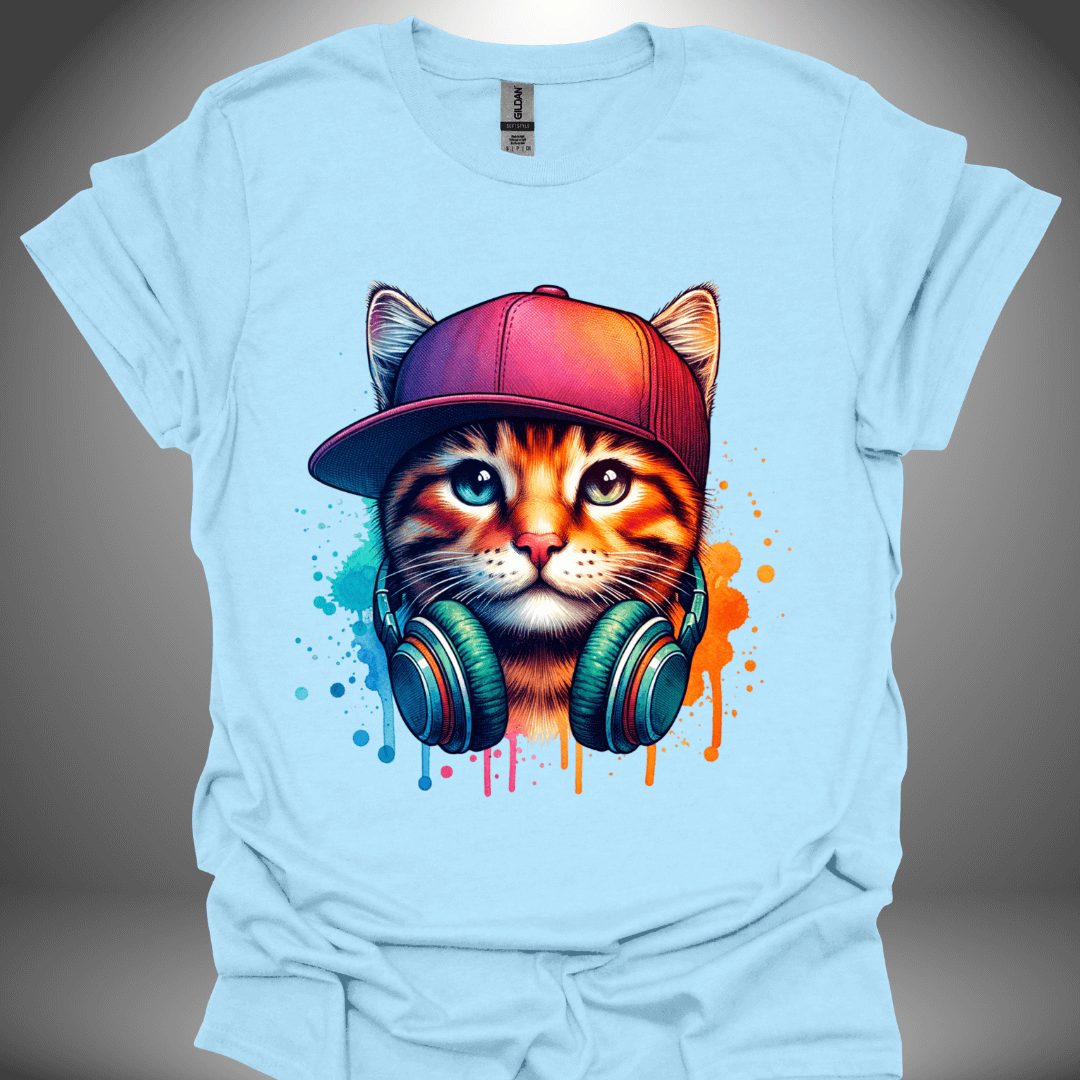 Unisex DJ T-shirt, 'DJ Cool Cat' design in light blue, front view