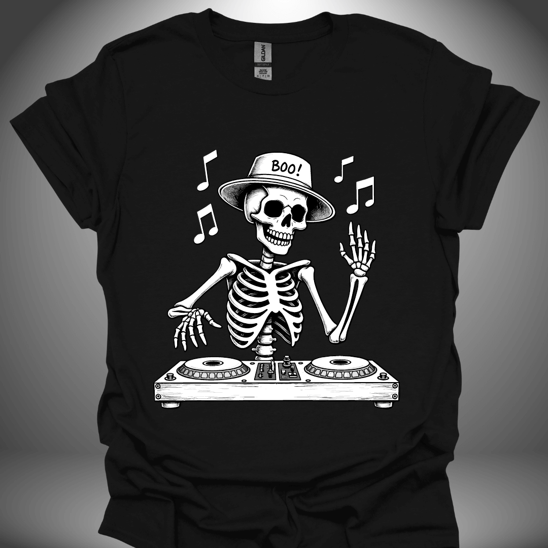 Halloween DJ T-shirt, 'DJ Skeleton' illustration design in black, front view